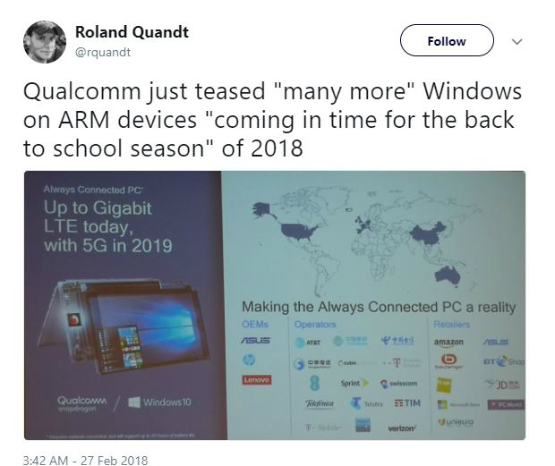 Windows 10 ARM笔记本将在2019年迎来5G版本