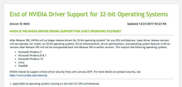 重磅消息！NVIDIA将取消对32位操作系统的驱动支持