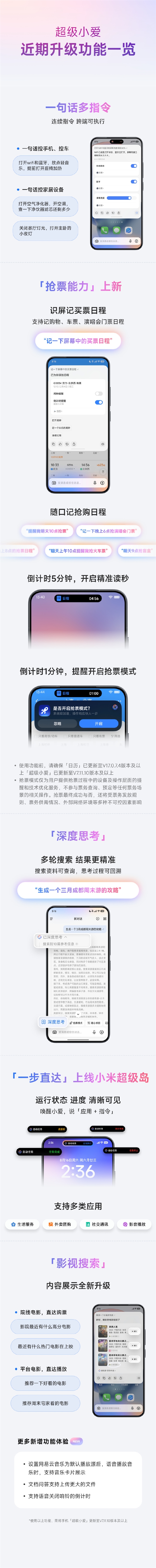 小米超级小爱近期新功能一图看懂：新增抢票模式、深度思考更精准